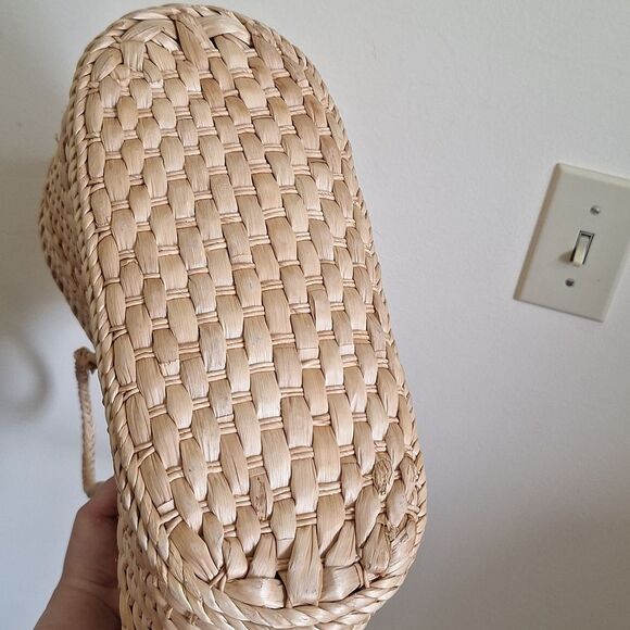 Vintage Woven Straw Tote Beige Wicker Market Shoulder Bag Lined - Picture 9 of 13